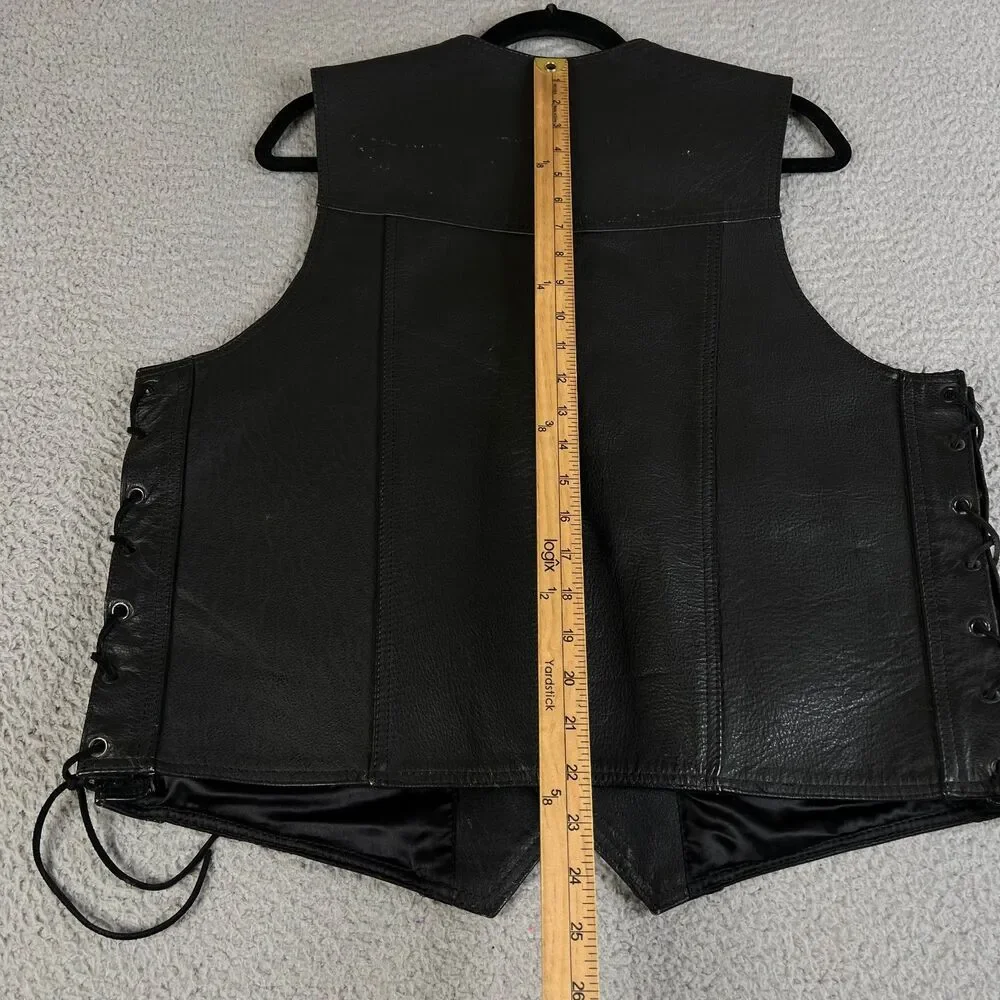 RIVER ROAD Leather Vest Mens Size 44 Black Motorcycle Biker Side Laces Snaps